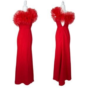 Mac Duggal NWT One Shoulder Red Ruffle Accent Maxi Column Crepe Gown Size 2